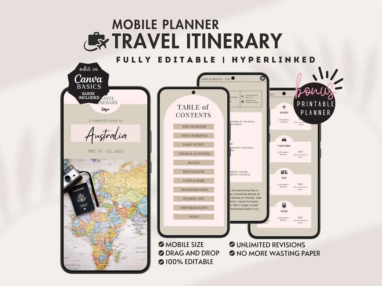 Mobile Travel Itinerary Template Minimalist Travel Schedule Editable ...
