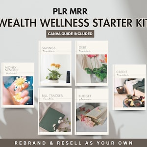 May include: A collection of six cream-colored books and journals, including a "Money Mindset Journal," "Savings Tracker," and "Debt Tracker." The text "PLR MRR WEALTH WELLNESS STARTER KIT" is at the top, with "CANVA GUIDE INCLUDED" below. The phrase "REBRAND & RESELL AS YOUR OWN" is at the bottom.