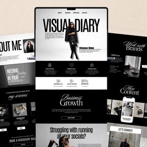 May include: A digital marketing website design with a black and white color scheme. The website features the text "VISUAL DIARY" and "ABOUT ME". The design includes images and sections for services, portfolio, and contact information.