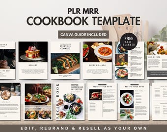 May include: A digital cookbook template with a white background and black text. The template includes pages for contact information, desserts, main dishes, soups and salads, and recipes. The text "PLR MRR Cookbook Template" is at the top of the image. The text "Canva Guide Included" is below the title. The text "Edit, Rebrand & Resell as Your Own" is at the bottom of the image.