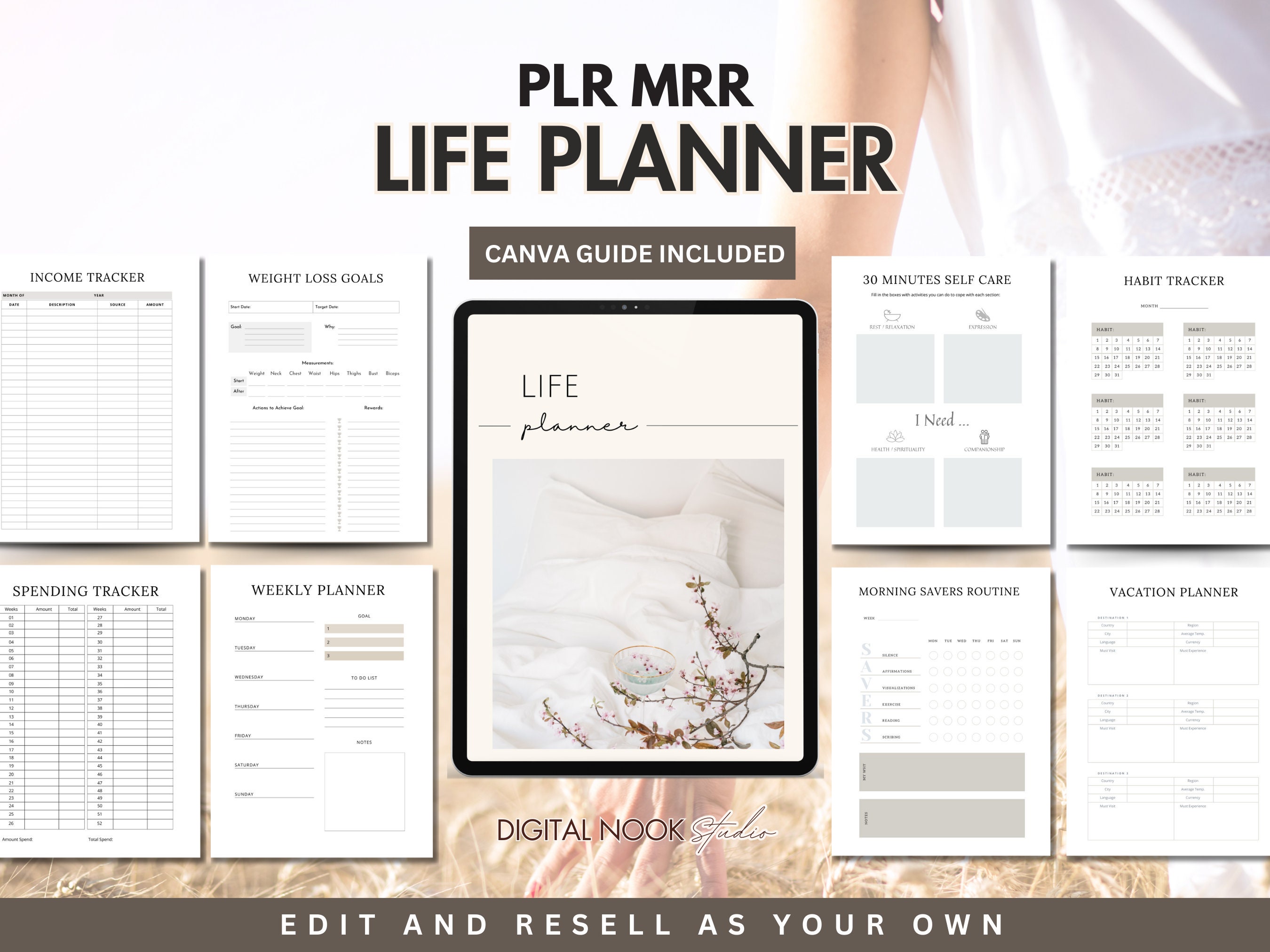 PLR MRR Life Planner Template Canva Editable Self Care Workbook Life Coach Gratitude Master Resell Rights License Digital Product to Sell