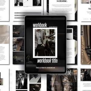 May include: A digital workbook displayed on a tablet, surrounded by related pages. The workbook cover features a photo of a person in a suit, with the title "workbook title" and "The Ultimate Handbook". The design is in black and white.