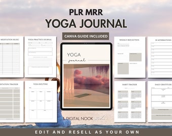 PLR Yoga Journal Template Editable Self Care Planner Meditation Daily Wellness Workout Tracker MRR Digital Product Resell Done for you