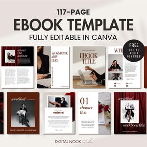 Op de afbeelding: Een 117 pagina's tellende e-book sjabloon, volledig bewerkbaar in Canva. De afbeelding toont verschillende pagina-indelingen, waaronder een werkboek, hoofdstuktitels en een social media planner. Het ontwerp heeft een minimalistische esthetiek met een donkerrood en wit kleurenschema.
