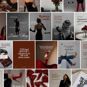 Puede incluir: Un collage de imágenes con una estética consistente, con temas de moda y negocios. Las imágenes incluyen una mujer con un vestido negro, una copa de vino tinto y superposiciones de texto con frases como "Brand Story" y "Business Growth."