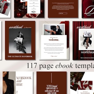 May include: A selection of digital workbook templates in a dark brown and white colour scheme. The image shows various layouts, including covers, welcome pages, and content pages. The text "117 page ebook template" is visible.