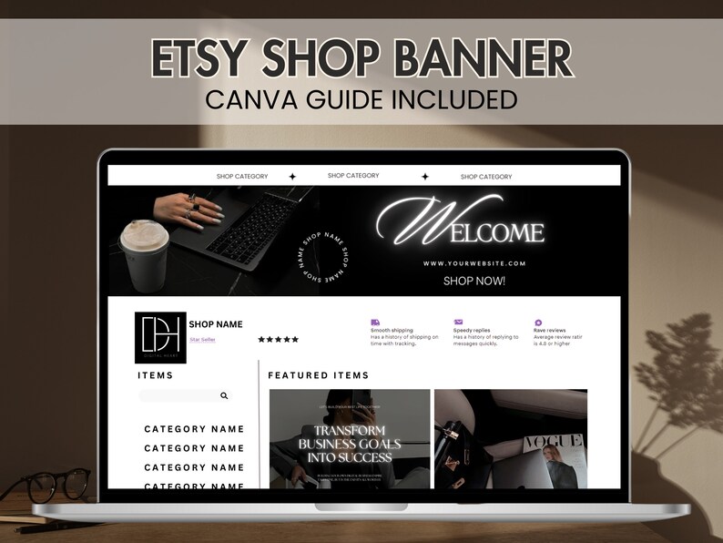 Etsy Banner Template Black Aesthetic Branding Done for You Canva Editable Shop Banner Design Business Shop Mockup Template Sell on Etsy Kit