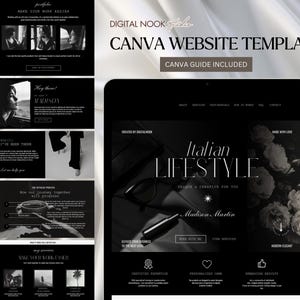 May include: A black and white digital website template for Canva featuring the text DIGITAL NOOK, CANVA WEBSITE TEMPLATE, CANVA GUIDE INCLUDED, and Italian LIFESTYLE. The layout includes multiple sections with placeholder imagery, text blocks, and navigation menus.