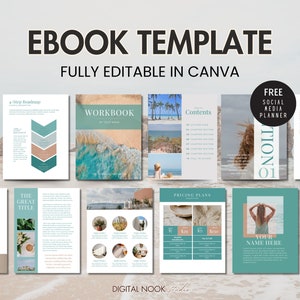 Può includere: Modello di ebook a tema spiaggia. Il modello include una pagina di copertina, un indice, piani di prezzo e una pagina di galleria. Il modello è completamente modificabile in Canva.