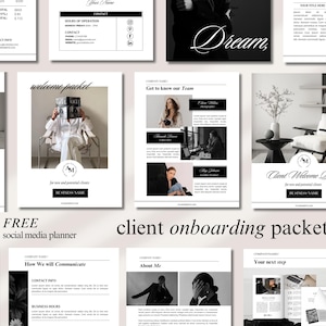 Puede incluir: Una colección de plantillas de paquetes de incorporación de clientes en blanco y negro. Las plantillas incluyen páginas con texto, fotos y elementos de diseño. Las palabras "Dream", "welcome packet", "Get to know our Team", "Client Welcome Packet" y "FREE social media planner" son visibles.