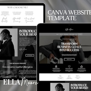 Puede incluir: Una plantilla de sitio web en blanco y negro para Canva con el texto "Canva Website Template" y "Ella Moore" en texto blanco. El sitio web presenta una foto en blanco y negro de una persona con la mano cubriéndose la cara. El sitio web también incluye el texto "Transformar los objetivos comerciales en el éxito" y "Presenta tu marca".