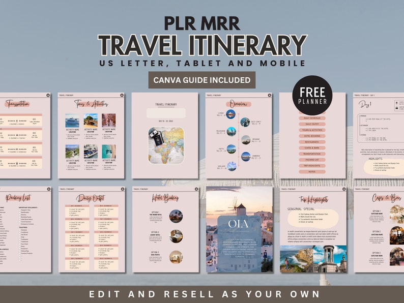 PLR Mrr Travel Itinerary Planner Template for Resell Hyperlinked Commercial Use Canva Digital Travel Guide PLR License Digital Product