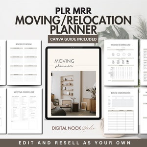 Puede incluir: Un planificador digital para mudanzas o reubicaciones, con un diseño minimalista y una paleta de colores neutros. El planificador incluye secciones para instrucciones de mudanza, listas de verificación de habitación por habitación, seguimiento de pintura, lista de verificación de mudanza, tarjeta de puntuación de la casa, servicios públicos, dimensiones de las habitaciones y planificador del día de la mudanza. El planificador está diseñado para ser editado y revendido.
