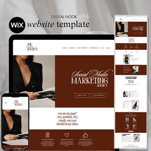 May include: A website template displayed on a laptop, phone, and tablet. The design features a brown and white color scheme with the text "Social Media Marketing Agency." The text "Wix website template" is also visible.