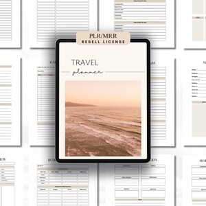 May include: A digital travel planner displayed on a tablet, surrounded by various planning pages. The tablet features a beach scene and the words "TRAVEL planner." Additional pages include a packing list, road trip overview, and accommodation details. The top of the tablet reads "PLR/MRR RESELL LICENSE."