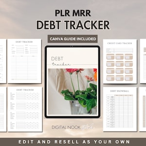 Planificador PLR, plantilla de seguimiento de deudas, listo para usar, Canva, editable, reventa de productos digitales, finanzas, planificador de tarjetas de crédito, presupuesto financiero, deuda