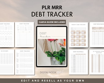 May include: A digital planner with a floral design and the text "DEBT tracker" on the cover. The planner includes pages for tracking debt, credit cards, and a 52-week debt payoff plan. Canva guide included. Edit and resell as your own.