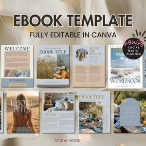 May include: A digital ebook template with a blue and beige colour scheme. The template includes pages for a welcome, about the author, ebook title, workbook, tools and resources, and contact us. The template is fully editable in Canva.