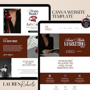 May include: Two digital tablets displaying a Canva website template with a brown and white color scheme. The text includes "Social Media Marketing Agency" and "Subscribe to my Newsletter". The template includes faceless stock images.