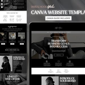 May include: A black and white website template for Canva with the text "Digital Nook Studio Canva Website Template Canva Guide Included" and "Transform Business Goals Into Success". The template features a black and white photo of a person in a suit.