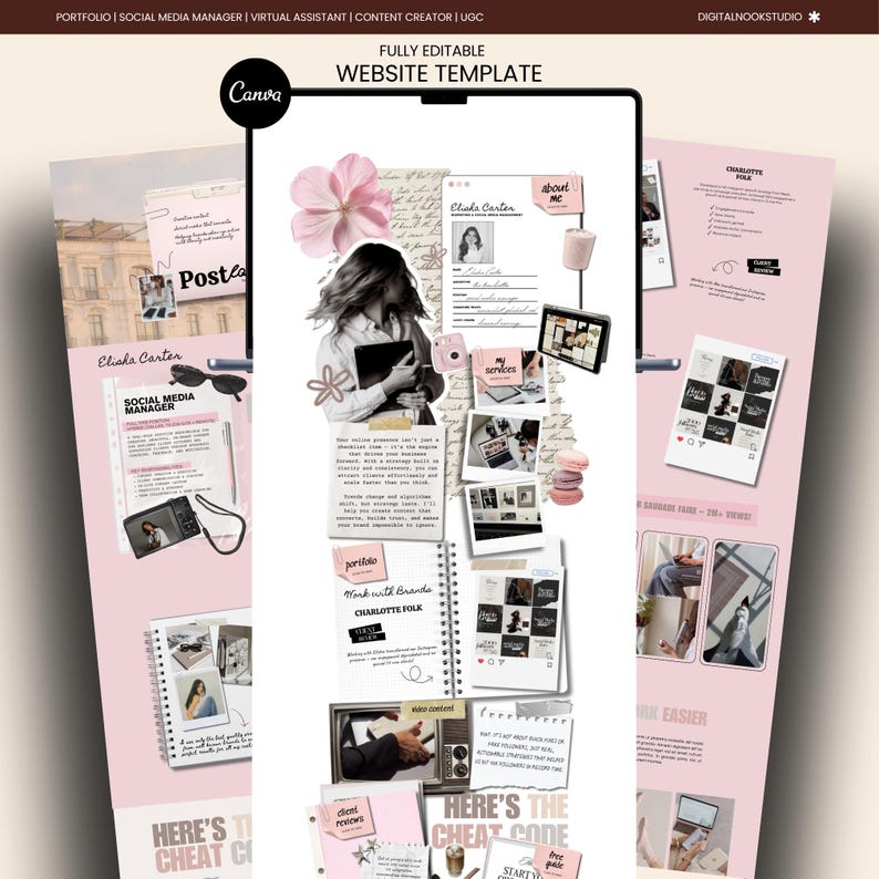 Interactive Website Template Canva Portfolio Creative Social Media Manager Marketing Pink Instagram Aesthetic Influencer UGC Content Creator