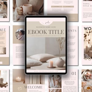 May include: A digital tablet showing an ebook cover with the title "EBOOK TITLE" and the text "A SMALL DESCRIPTION OF YOUR BOOK AND WHAT YOU DO." The design uses a neutral colour palette with a minimalist aesthetic, including a vase, candle, and pillows.