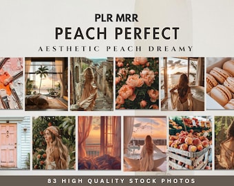May include: A collage of 83 high-quality stock photos featuring peach-themed imagery. The photos include a peach orchard, a woman in a peach-colored dress, a peach blossom tree, and a peach-colored room.