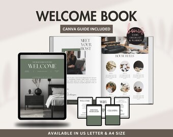 Modello di libro di benvenuto Airbnb, cartello modificabile per case vacanze Canva, libro degli ospiti con estetica nera, pacchetto host per case vacanze, guida stampabile per host