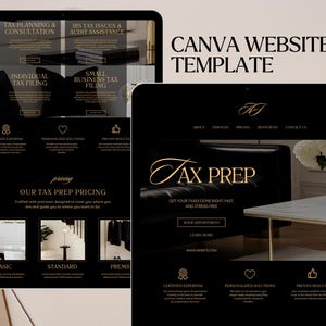 Könnte beinhalten: Ein Canva-Website-Template-Design mit einem schwarz-goldenen Farbschema. Das Design enthält den Text "Tax Prep" und "Our Tax Prep Pricing". Das Template zeigt Website-Layouts für Steuerplanung, -erklärung und -prüfung.