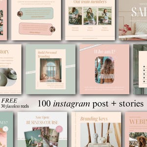 Könnte beinhalten: Eine Sammlung von Instagram-Post-Vorlagen in sanften Pastellfarben. Das Bild enthält verschiedene Layouts mit Text wie "Brand Story", "Who am I?" und "Webinar". Der Text "FREE 30 faceless reels" und "100 instagram post + stories" ist ebenfalls sichtbar.