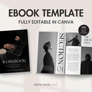 Może przedstawiać: Czarno-biały szablon ebooka z tekstem "EBOOK TEMPLATE" i "FULLY EDITABLE IN CANVA". Okładka ebooka jest czarna z tekstem "WORKBOOK" i "BY YOUR NAME THE ULTIMATE HANDBOOK". Wewnętrzne strony ebooka są białe z tekstem "SECTION 01" i "THE GREAT TITLE".