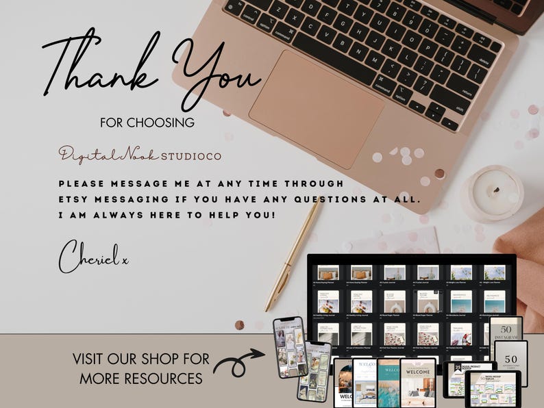 Puede incluir: Una computadora port&aacute;til, un tel&eacute;fono y una tableta est&aacute;n dispuestos sobre una superficie blanca, con el texto "Thank You" y "Digital Nook StudioCo." La imagen incluye una vela, un bol&iacute;grafo y una exhibici&oacute;n de maquetas de productos digitales.