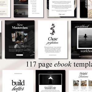 以下が含まれることがあります： 117ページの白黒の電子書籍テンプレート。テンプレートには、テキスト、画像、グラフィックなど、さまざまなデザイン要素が含まれています。テキストには、「The Great Title」、「New Masterclass」、「Chase Perfection」、「Workbook」、「Workbook Title」、「Build Better」、「Exclusive Online Masterclass」、「Helpful Resources」などの単語が含まれています。画像は、さまざまな抽象的な画像とライフスタイルの画像を含んでいます。