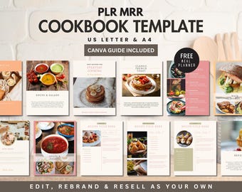 Peut inclure: Un modèle de livre de cuisine numérique avec un schéma de couleurs rose et blanc. Le modèle comprend des images de divers aliments, tels que des soupes, des salades, des toasts français et des plats principaux. Le texte sur le modèle comprend "PLR MRR Cookbook Template", "US Letter & A4", "Canva Guide Included", "Free Meal Planner", "Soups & Salads", "Everyday Cooking", "Classic French Toast", "Main Dishes", et "Breakfast".