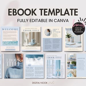 Peut inclure: Un modèle de livre électronique bleu et blanc au design minimaliste. Le modèle comprend des pages pour un message de bienvenue, à propos de l'auteur, une table des matières, et plus encore. Le modèle est entièrement modifiable dans Canva.
