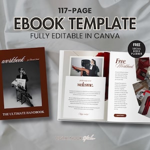 Pode incluir: Um modelo de ebook aberto com o texto "117-PAGE EBOOK TEMPLATE FULLY EDITABLE IN CANVA". A capa do caderno é marrom com o título "workbook" e "THE ULTIMATE HANDBOOK". As páginas abertas mostram fotos e o texto "welcome".