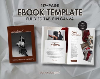 May include: An open ebook template with the text "117-PAGE EBOOK TEMPLATE FULLY EDITABLE IN CANVA". The cover of the workbook is brown with the title "workbook" and "THE ULTIMATE HANDBOOK". The open pages show photos and the text "welcome".