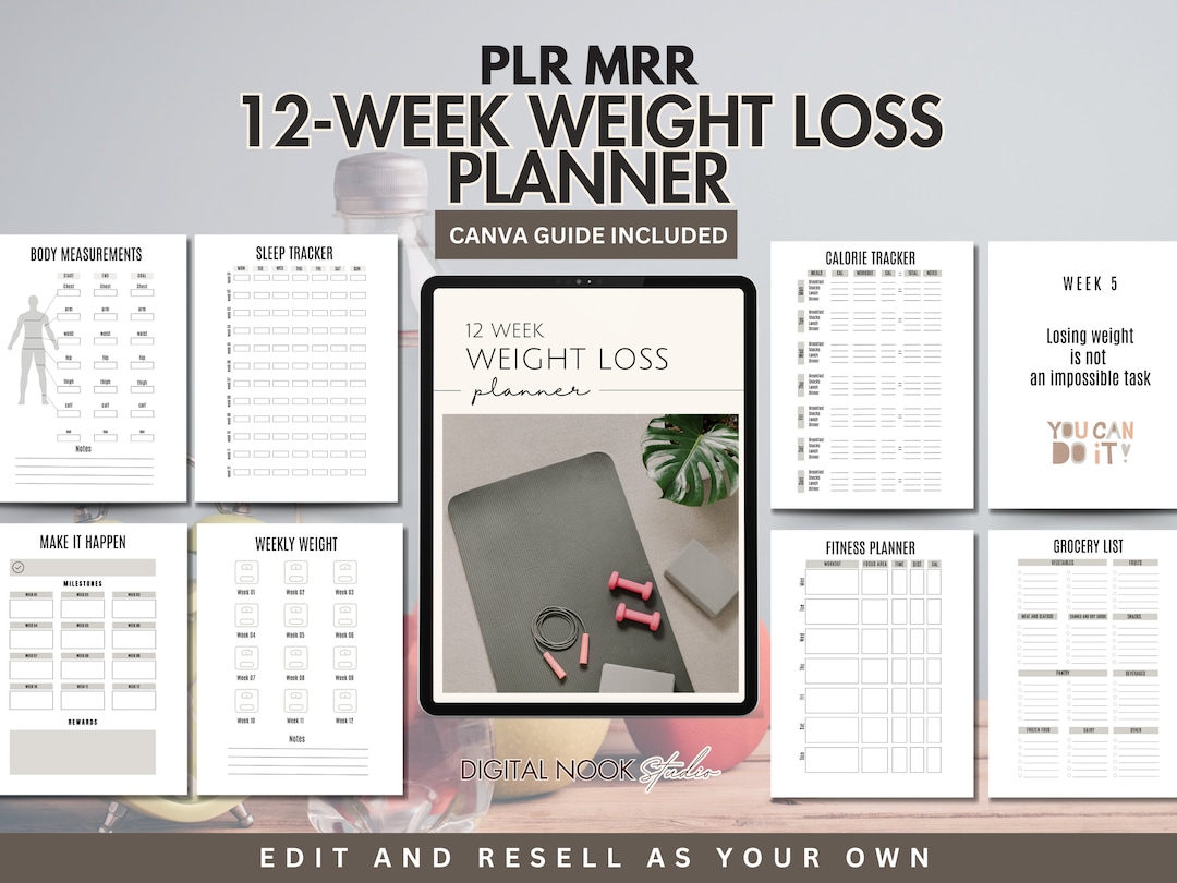 PLR Weight Loss Planner Template Canva Editable Self Care Journal 12 ...