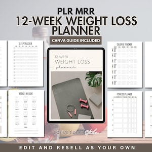 PLR Weight Loss Planner Template Canva Editable Self Care Journal 12 Week Fitness Wellness Planner MRR Digital Product Resell Done for you