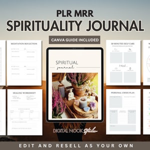 May include: A digital printable spirituality journal with a Canva guide included. The journal features pages for meditation music, reflection, yoga routine, healing worksheet, 30 minutes of self-care, personal crisis plan, chakra awareness, and where you are now.