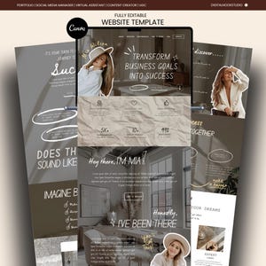 Op de afbeelding: Een volledig bewerkbare websitetemplate voor Canva met een neutraal kleurenpalet in beige en bruine tinten. Het ontwerp bevat gelaagde lay-outs, typografie en afbeeldingen van een persoon met een hoed, inclusief de tekst Transform Business Goals Into Success.
