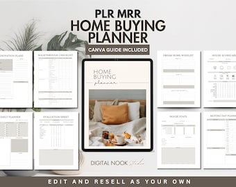 May include: A digital planner for home buying with a beige and white color scheme. The planner includes sections for renovation plans, walkthrough checklist, daily planner, evaluation sheet, dream home wishlist, house scorecard, house stats, and moving day planner. The planner also includes a Canva guide.