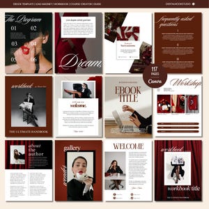 Plantilla de libro electrónico de Canva: elegante, editable, guía de coaching para captación de clientes potenciales, creador de cursos, negocios de lujo, estética clásica en rojo oscuro.