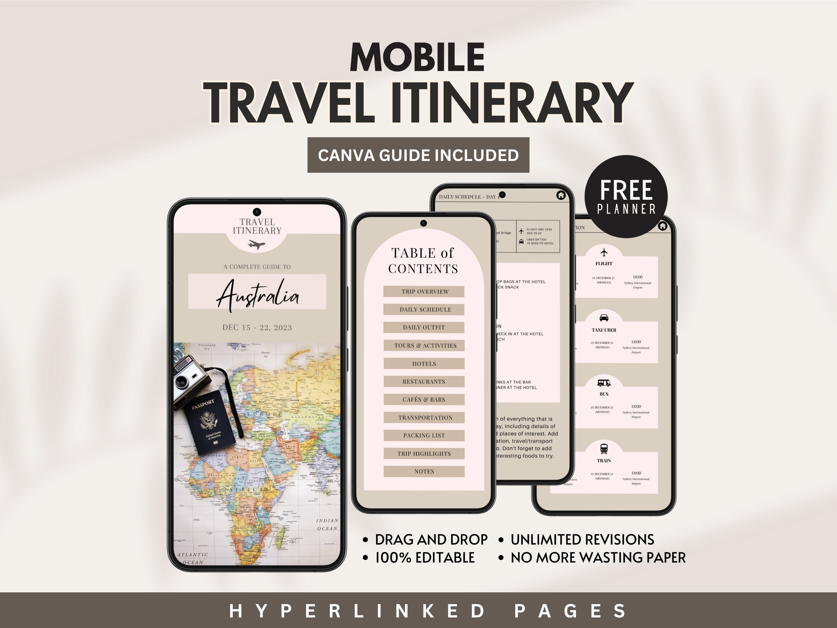 Mobile Travel Itinerary Template Minimalist Travel Schedule Editable ...