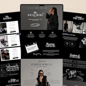 May include: A website design mockup with a black and white color scheme. The main screen displays "The Social Media Agency" with a woman in a black blazer. Other screens showcase services, content creation, and business growth.