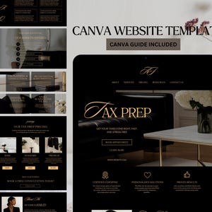 Puede incluir: Una plantilla de sitio web de Canva para servicios de preparación de impuestos con un esquema de color negro y dorado. El diseño incluye secciones para servicios, precios e información de contacto con tipografía elegante.