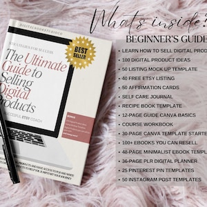 May include: A book titled "The Ultimate Guide to Selling Digital Products" with a "Best Seller" sticker. A black pen rests on the book, with a red ribbon bookmark. The book's contents include a beginner's guide with digital product ideas and templates.