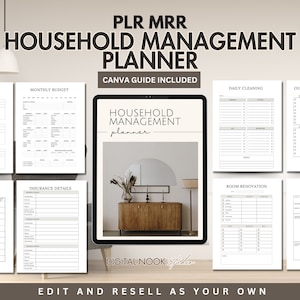 May include: A digital planner for household management with a Canva guide included. The planner includes sections for vacation planning, monthly budget, garden organization, insurance details, daily cleaning, outdoor maintenance, room renovation, and party planning. The planner is designed in a minimalist style with black and white text on a white background.