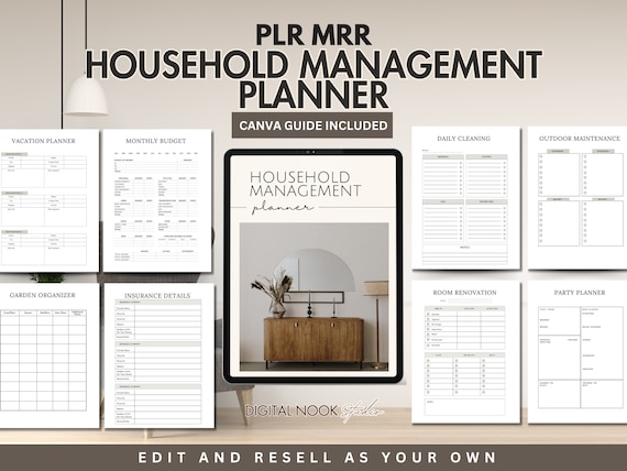PLR Household Management Planner Template Home Guide Editable Canva House Checklist Guide Tracker Done for you MRR License Digital Product