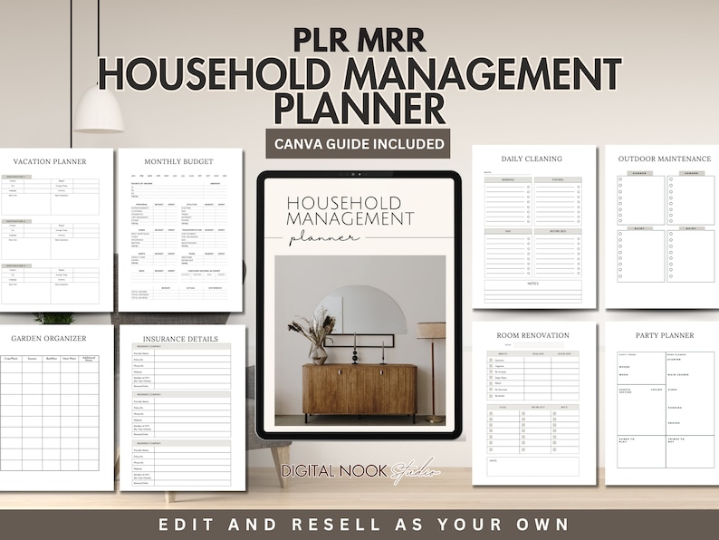PLR Household Management Planner Template Home Guide Editable Canva House Checklist Guide Tracker Done for you MRR License Digital Product